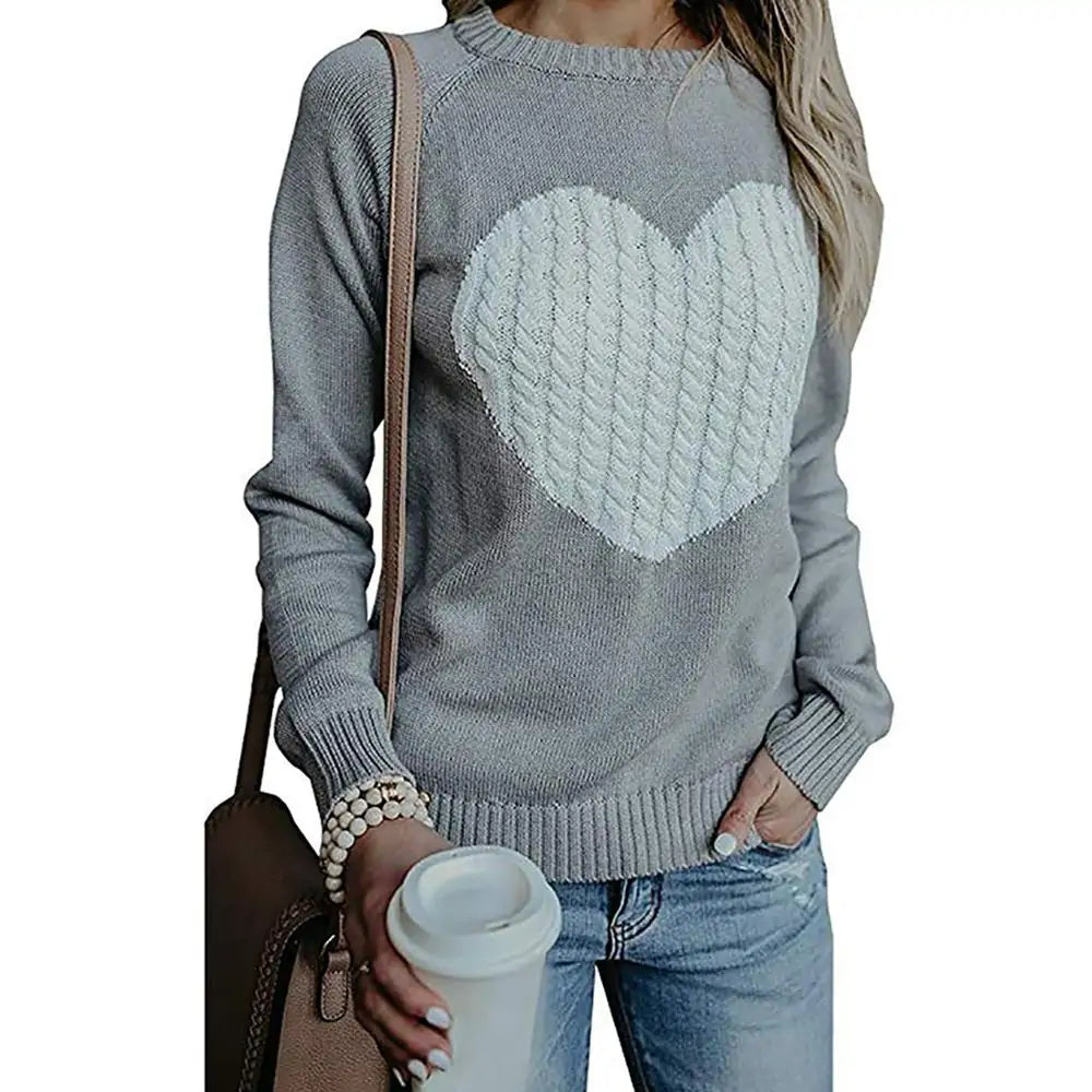 Women's Heart Detail Knitted Pullover Sweater - Casual Long Sleeve Crew Neck Top