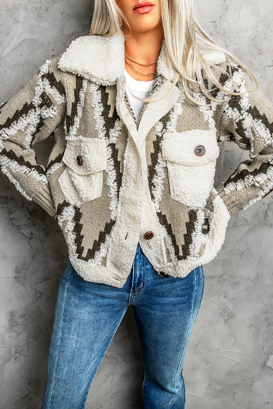 Multicolored Spliced Sherpa Collared Neck Cardigan – Cozy Luxury for Every Occasion