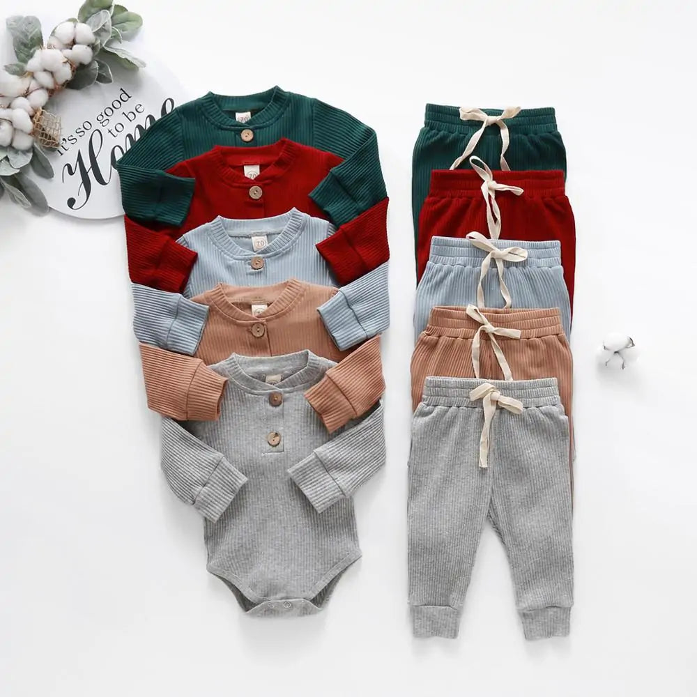 Cozy Baby Knit Long Sleeve Onesie & Pants Set – Soft Baby Bodysuit and Thermal or Ruffle Styles for Boys & Girls