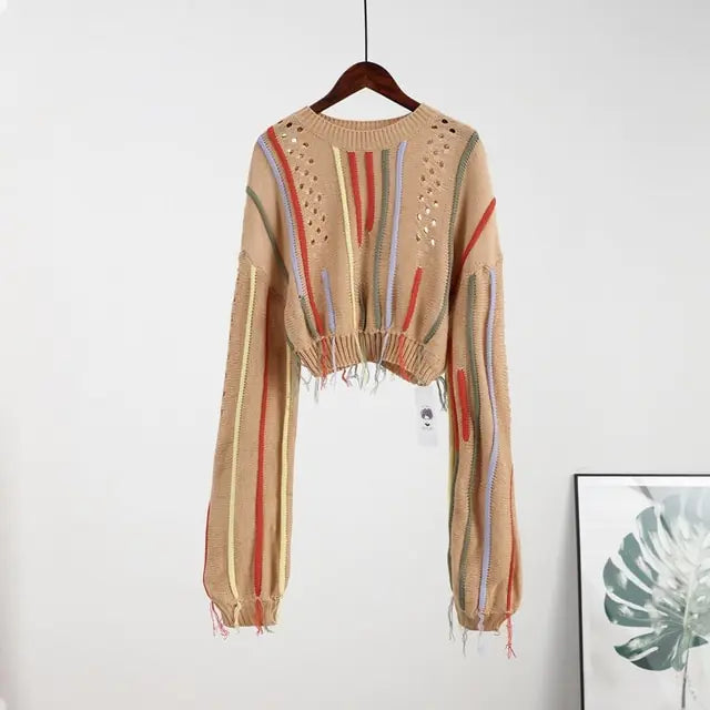 Vintage Cropped Fringed Tassel Sweater