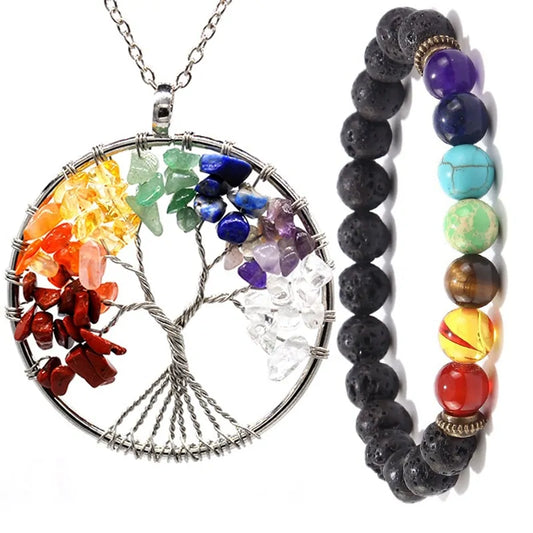 Mystic Harmony: Silver Plated Tree of Life Chakra Necklace & Bracelet Set