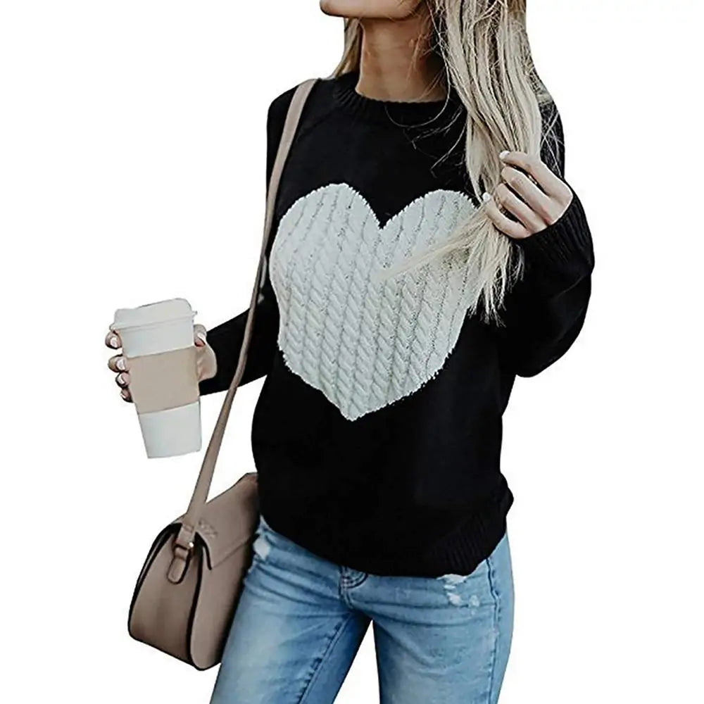 Women's Heart Detail Knitted Pullover Sweater - Casual Long Sleeve Crew Neck Top