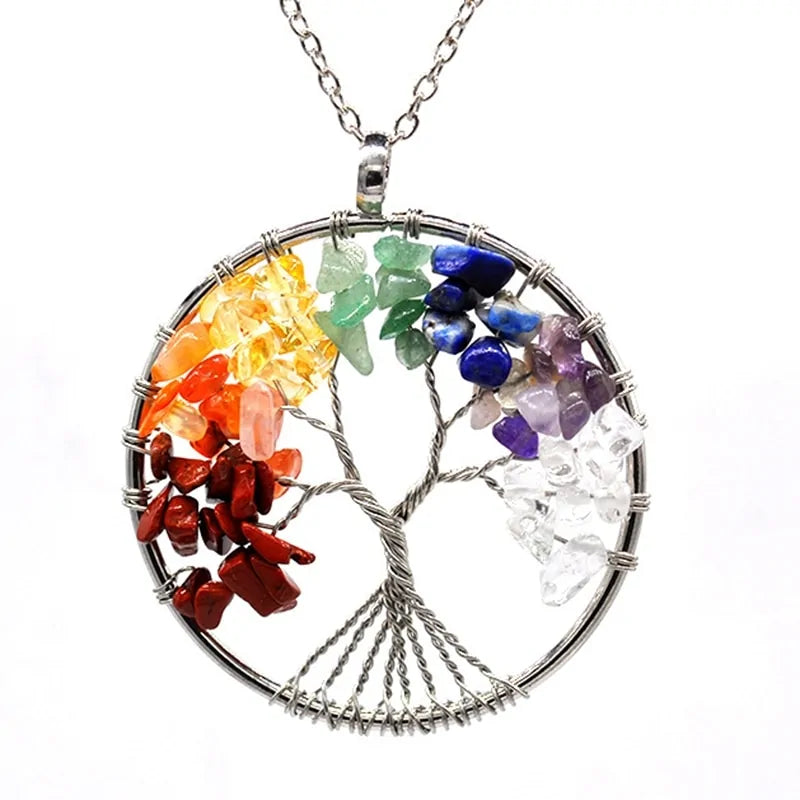 Mystic Harmony: Silver Plated Tree of Life Chakra Necklace & Bracelet Set