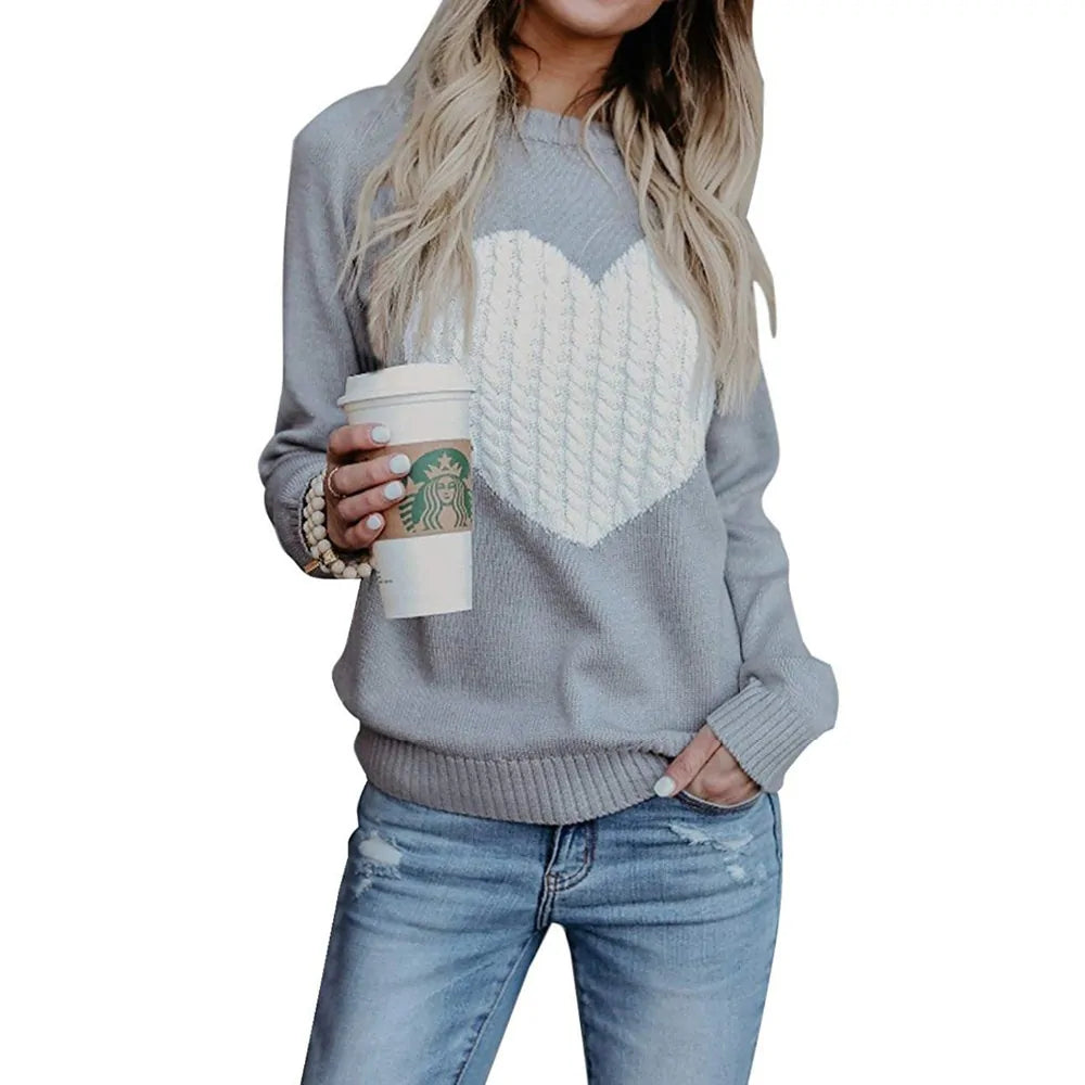 Women's Heart Detail Knitted Pullover Sweater - Casual Long Sleeve Crew Neck Top