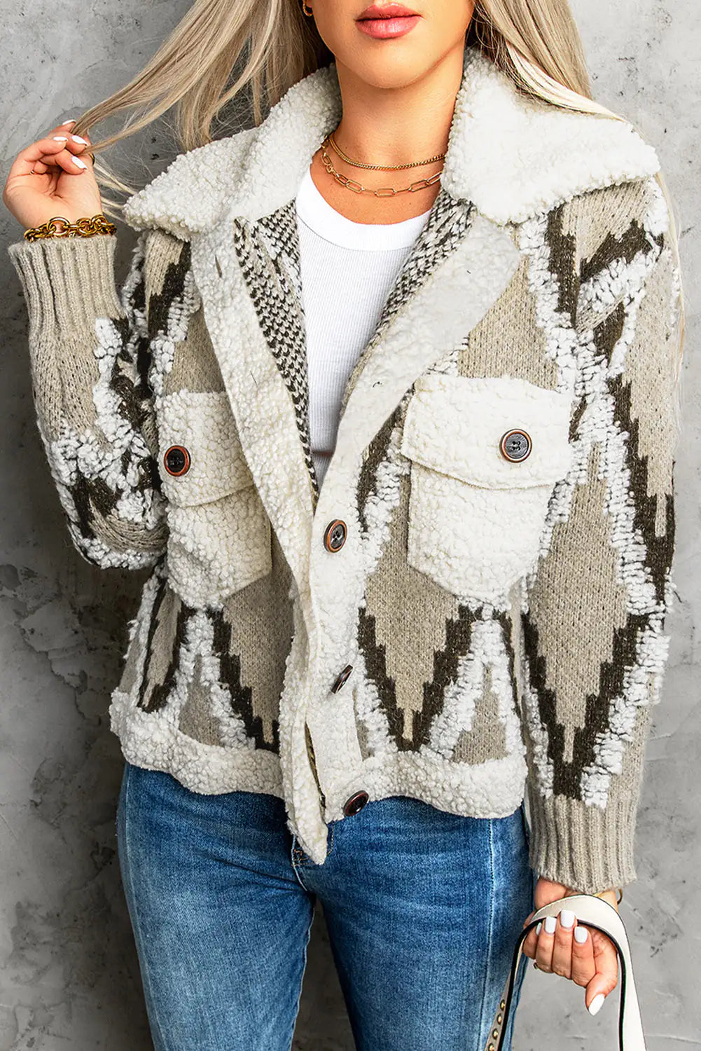 Multicolored Spliced Sherpa Collared Neck Cardigan – Cozy Luxury for Every Occasion