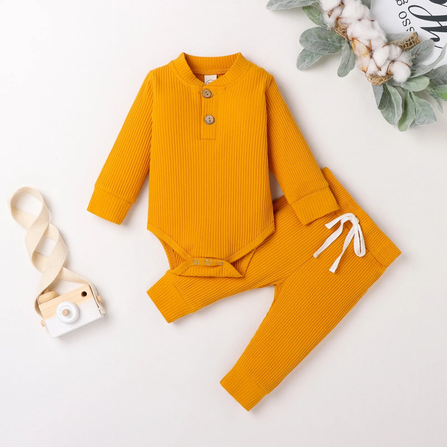 Cozy Baby Knit Long Sleeve Onesie & Pants Set – Soft Baby Bodysuit and Thermal or Ruffle Styles for Boys & Girls