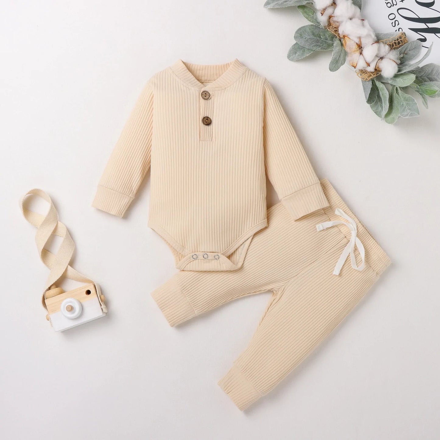 Cozy Baby Knit Long Sleeve Onesie & Pants Set – Soft Baby Bodysuit and Thermal or Ruffle Styles for Boys & Girls