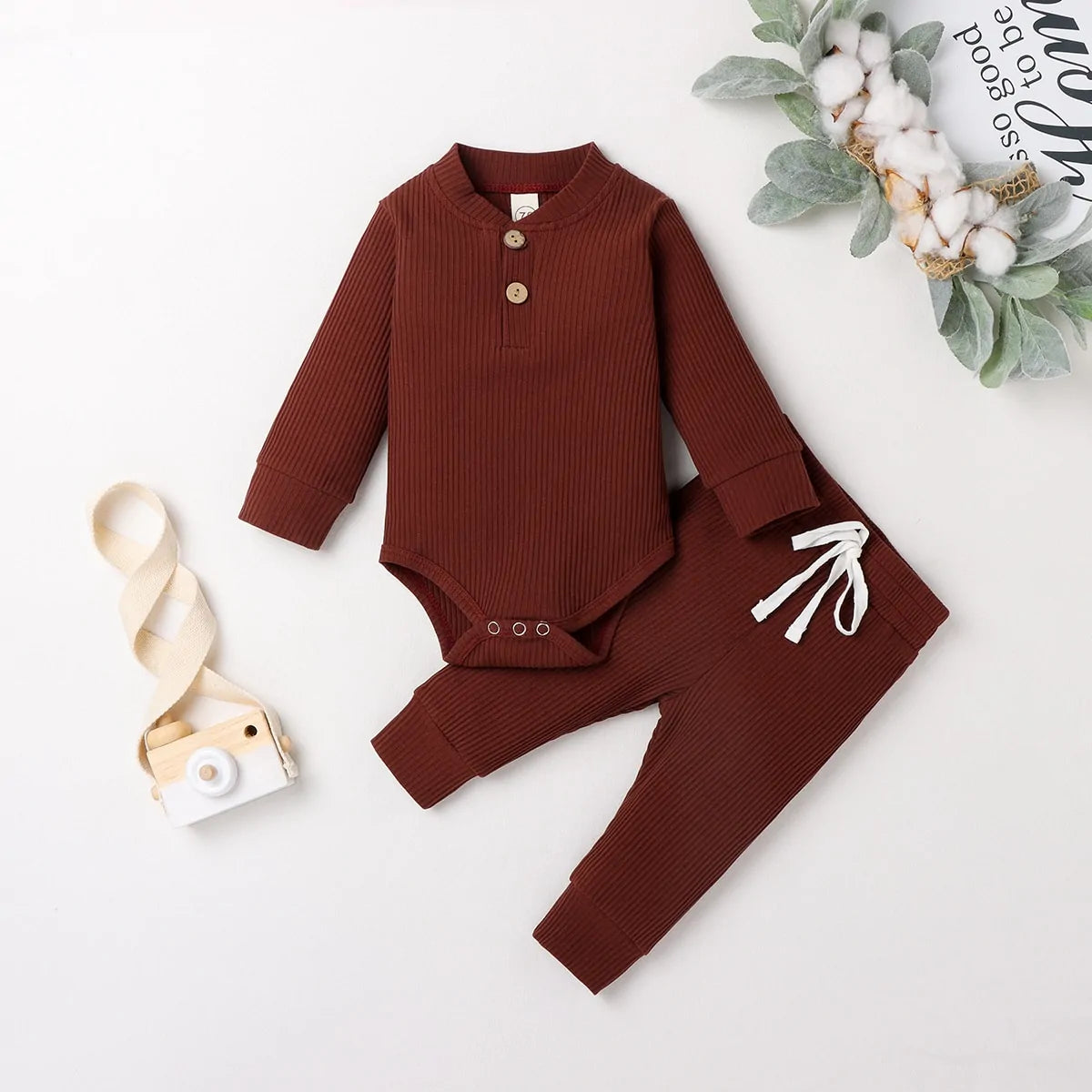 Cozy Baby Knit Long Sleeve Onesie & Pants Set – Soft Baby Bodysuit and Thermal or Ruffle Styles for Boys & Girls