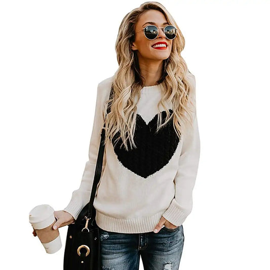 Women's Heart Detail Knitted Pullover Sweater - Casual Long Sleeve Crew Neck Top