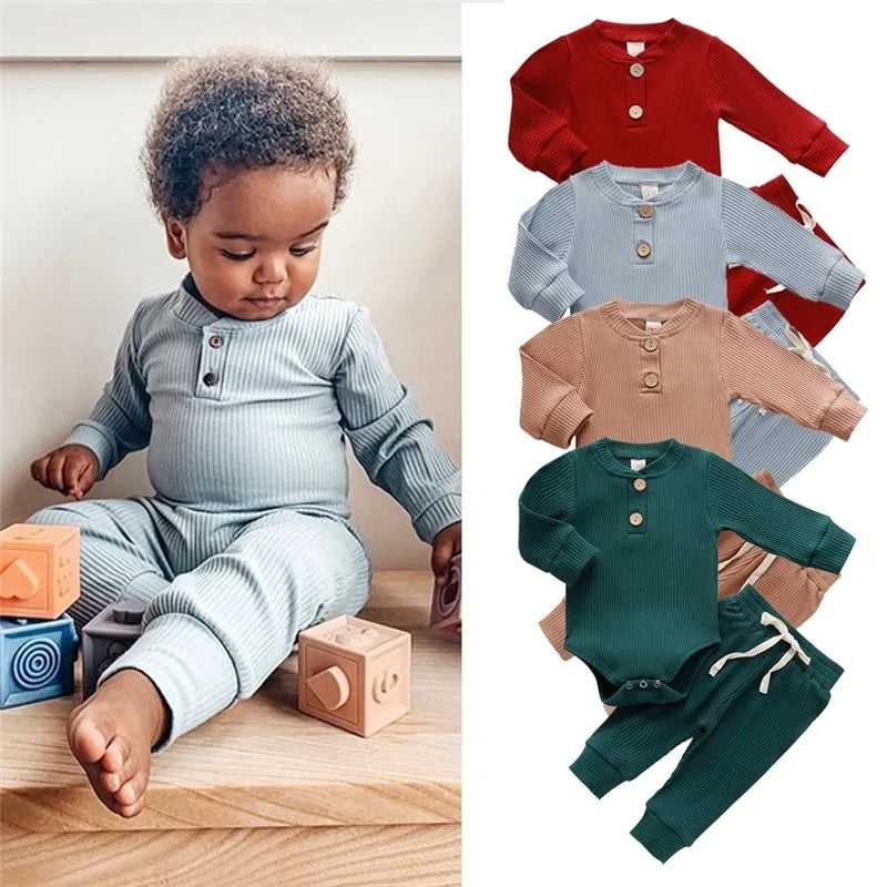 Cozy Baby Knit Long Sleeve Onesie & Pants Set – Soft Baby Bodysuit and Thermal or Ruffle Styles for Boys & Girls